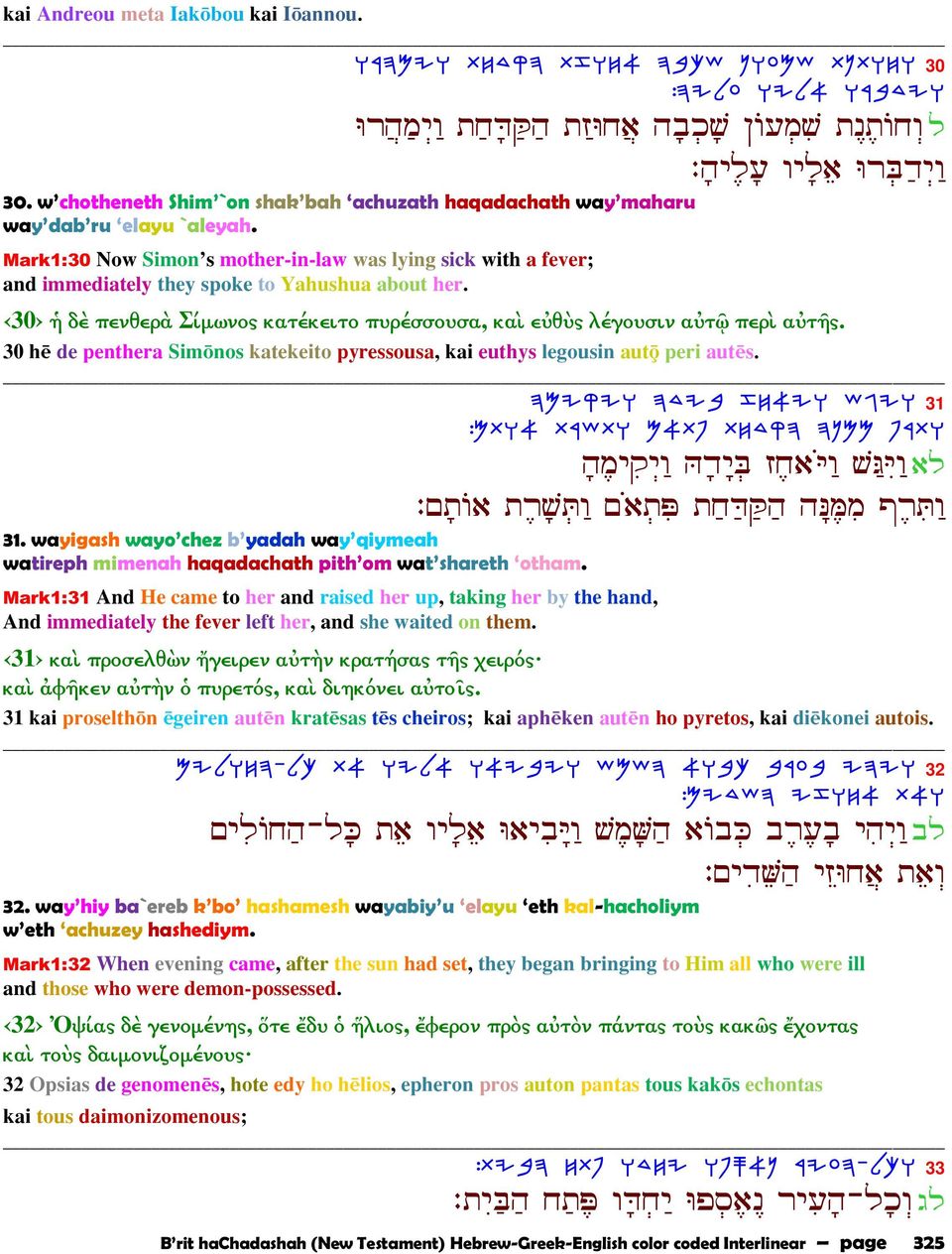 Mark1:30 Now Simon s mother-in-law was lying sick with a fever; and immediately they spoke to Yahushua about her. 30 ἡ δὲ πενθερὰ Σίµωνος κατέκειτο πυρέσσουσα, καὶ εὐθὺς λέγουσιν αὐτῷ περὶ αὐτῆς.