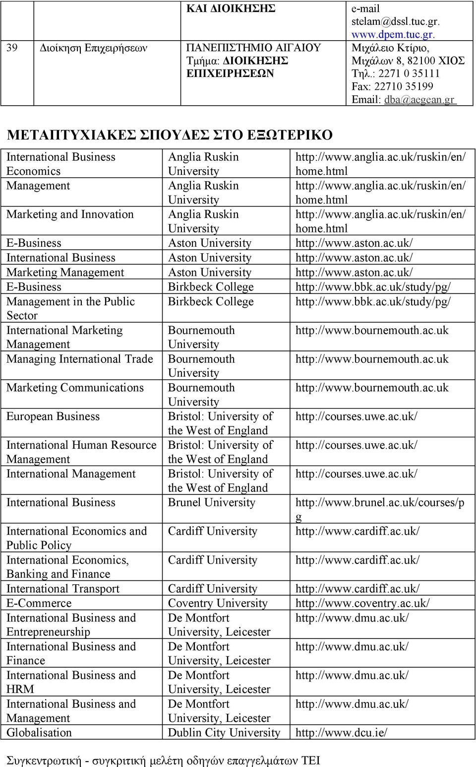 anglia.ac.uk/ruskin/en/ home.html E-Business Aston http://www.aston.ac.uk/ International Business Aston http://www.aston.ac.uk/ Marketing Aston http://www.aston.ac.uk/ E-Business Birkbeck College http://www.