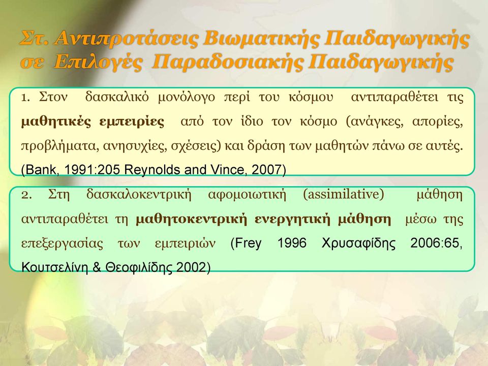 προβλήματα, ανησυχίες, σχέσεις) και δράση των μαθητών πάνω σε αυτές. (Bank, 1991:205 Reynolds and Vince, 2007) 2.