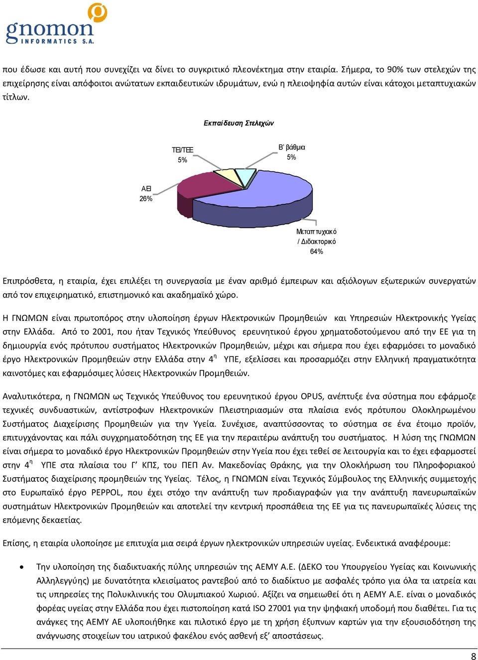 Εκπαίδευση Στελεχών ΤΕΙ/ΤΕΕ 5% Β βάθμια 5% ΑΕΙ 26% Μεταπτυχιακό / Διδακτορικό 64% Επιπρόσθετα, η εταιρία, έχει επιλέξει τη συνεργασία με έναν αριθμό έμπειρων και αξιόλογων εξωτερικών συνεργατών από