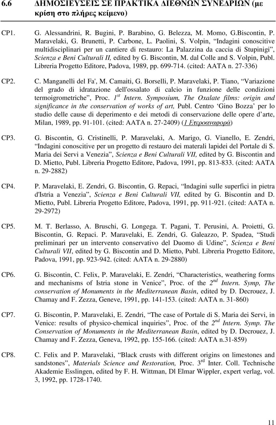 Volpin, Publ. Libreria Progetto Editore, Padova, 1989, pp. 699-714. (cited: AATA n. 27-336) CP2. CP3. CP4. C. Manganelli del Fa', M. Camaiti, G. Borselli, P. Maravelaki, P.