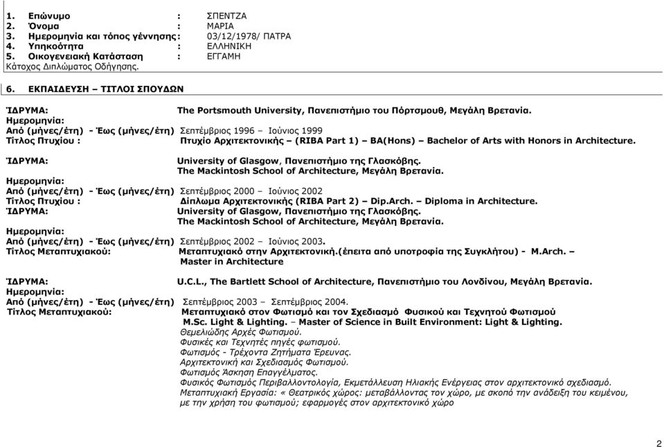 Από (μήνες/έτη) - Έως (μήνες/έτη) Σεπτέμβριος 1996 Ιούνιος 1999 Τίτλος Πτυχίου : Πτυχίο Αρχιτεκτονικής (RIBA Part 1) BA(Hons) Bachelor of Arts with Honors in Architecture.