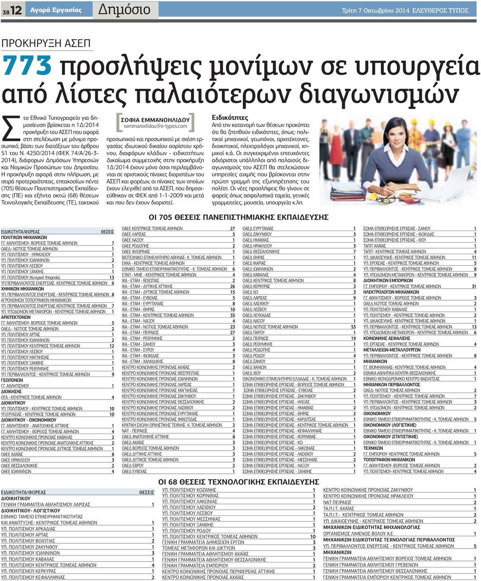 4250/2014 (ΦΕΚ 74/Α/26-3- 2014), διάφορων Δημόσιων Υπηρεσιών και Νομικών Προσώπων του Δημοσίου.