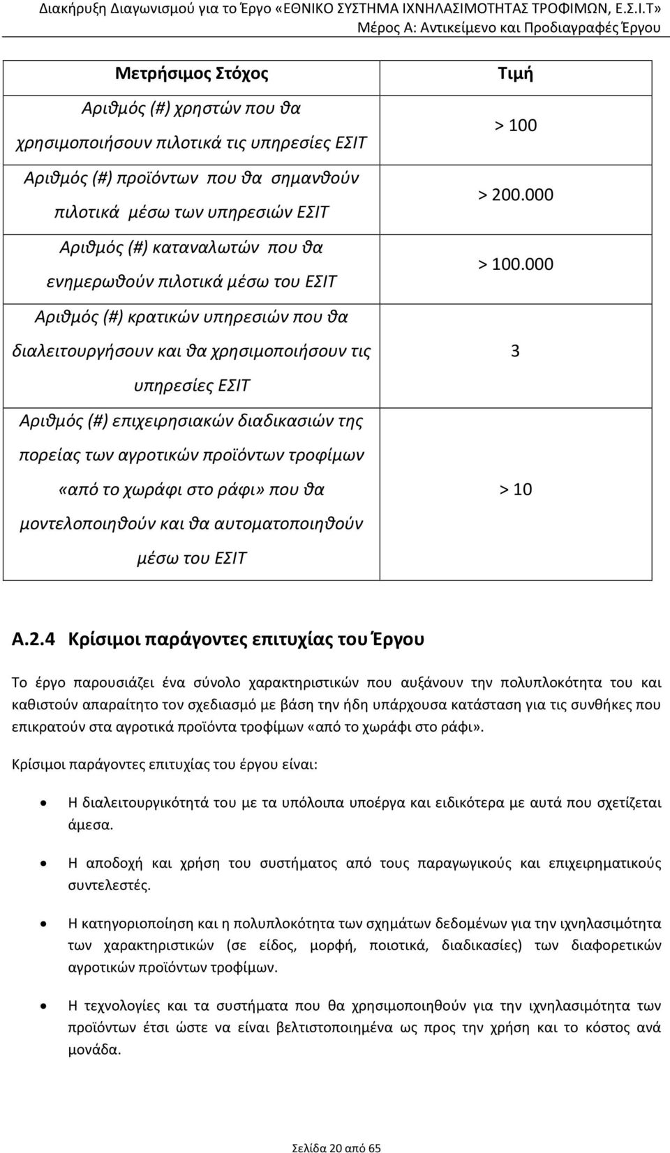 προϊόντων τροφίμων «από το χωράφι στο ράφι» που θα μοντελοποιηθούν και θα αυτοματοποιηθούν μέσω του ΕΣΙΤ Τιμή > 100 > 20