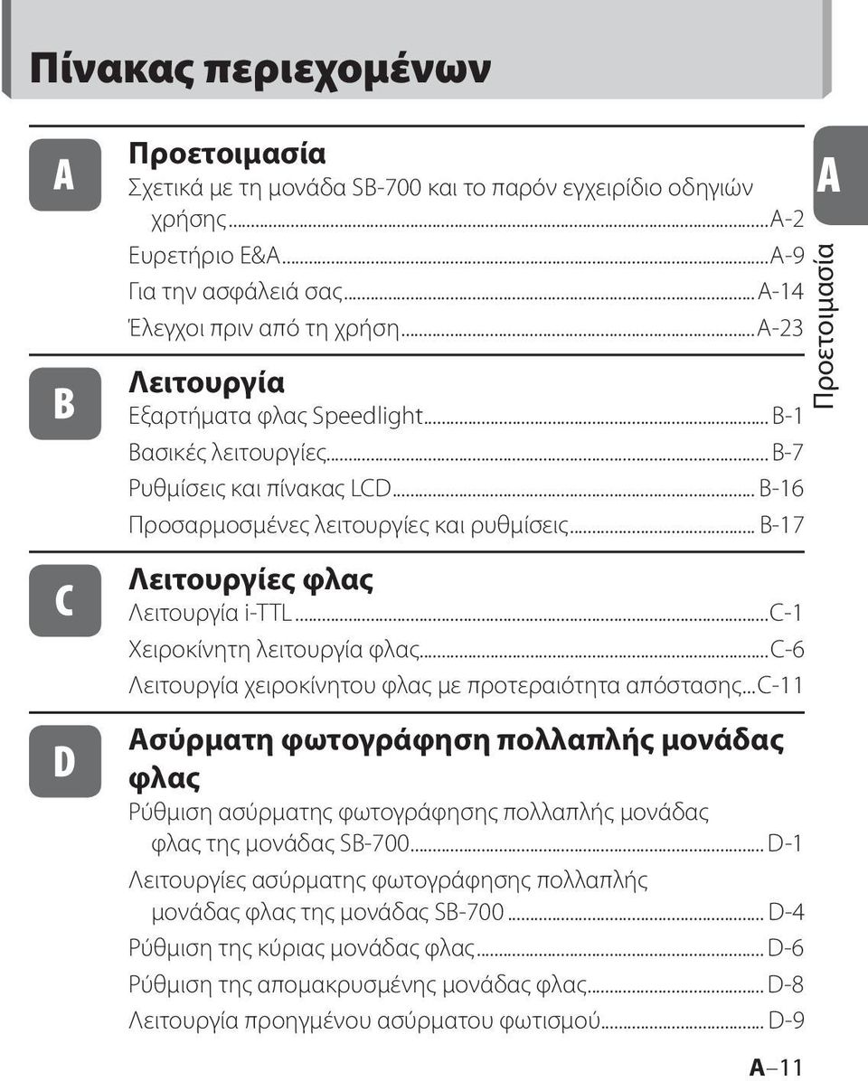 .. B-17 Λειτουργίες φλας Λειτουργία i-ttl...c-1 Χειροκίνητη λειτουργία φλας...c-6 Λειτουργία χειροκίνητου φλας με προτεραιότητα απόστασης.