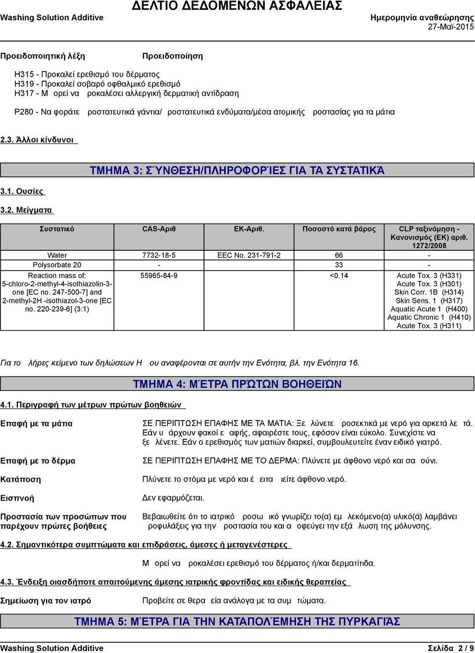 Ποσοστόκατάβάρος CLPταξινόμηση- Κανονισμός(ΕΚ)αριθ. 1272/2008 Water 7732-18-5 EEC No. 231-791-2 66 - Polysorbate 20-33 - 5-chloro-2-methyl-4-isothiazolin-3- one [EC no.