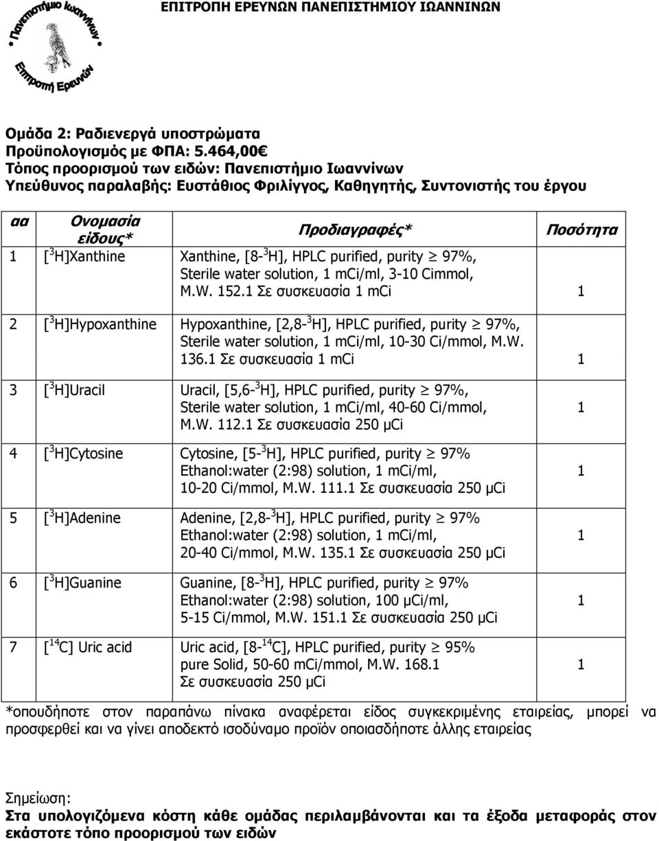 Xanthine, [8-3 H], HPLC purified, purity 97%, Sterile water solution, mci/ml, 3-0 Cimmol, M.W. 52.