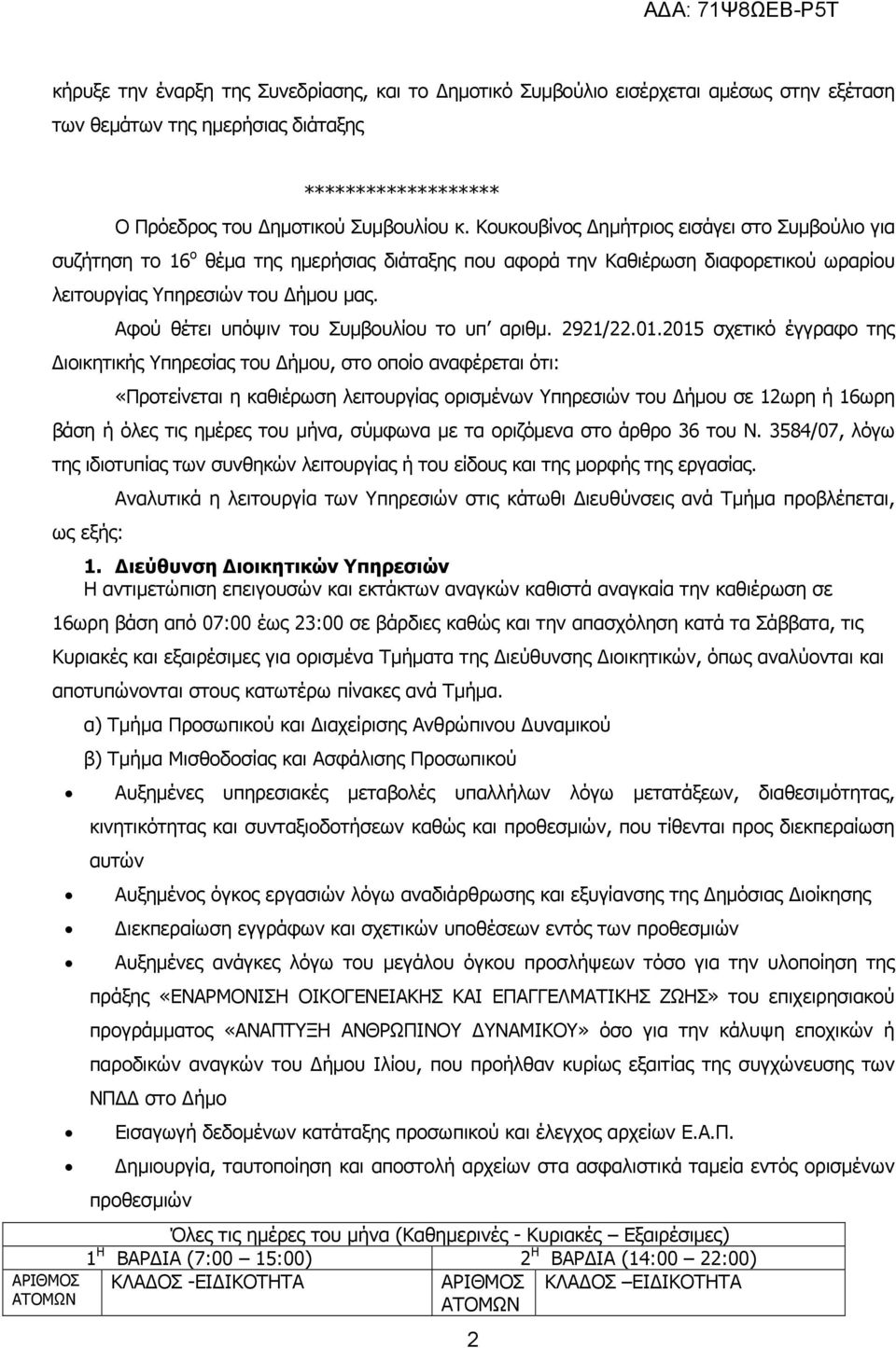 Αφού θέτει υπόψιν του Συµβουλίου το υπ αριθµ. 2921/22.01.