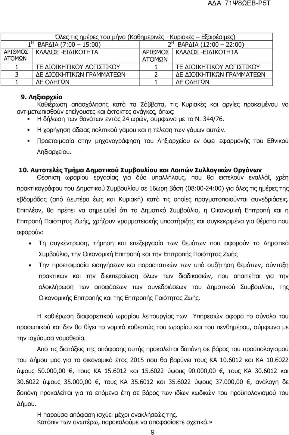 344/76. Η χορήγηση άδειας πολιτικού γάµου και η τέλεση των γάµων αυτών. Προετοιµασία στην µηχανογράφηση του Ληξιαρχείου εν όψει εφαρµογής του Εθνικού Ληξιαρχείου. 10.