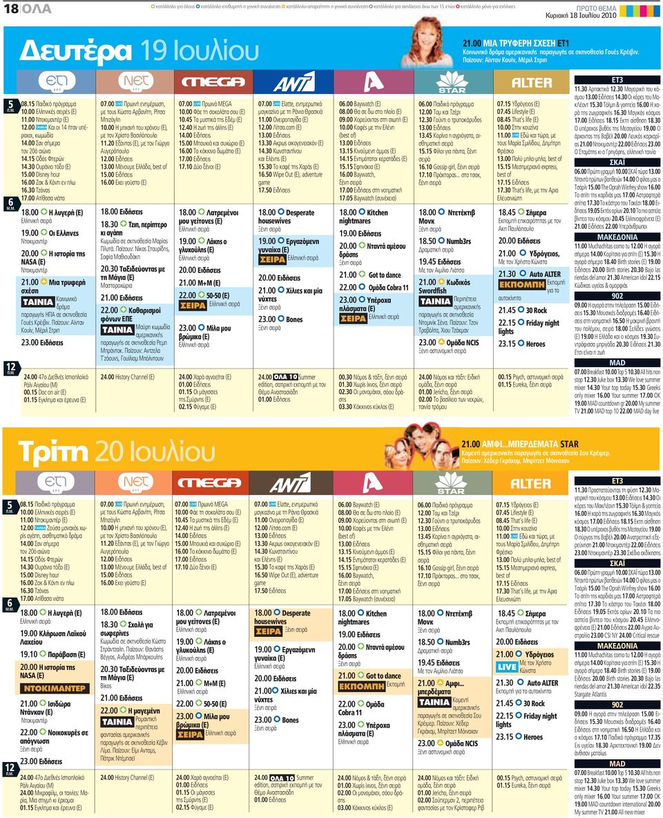 00 Η ιστορία της NASA (Ε) Ντοκιμαντέρ 21.00 Μια τρυφερή σχέση TAINIA Κοινωνικό δράμα παραγωγής ΗΠΑ σε σκηνοθεσία Γουές Κρέιβιν. Παίζουν: Αϊνταν Κουίν, Μέριλ Στριπ 23.00 Ειδήσεις 24.