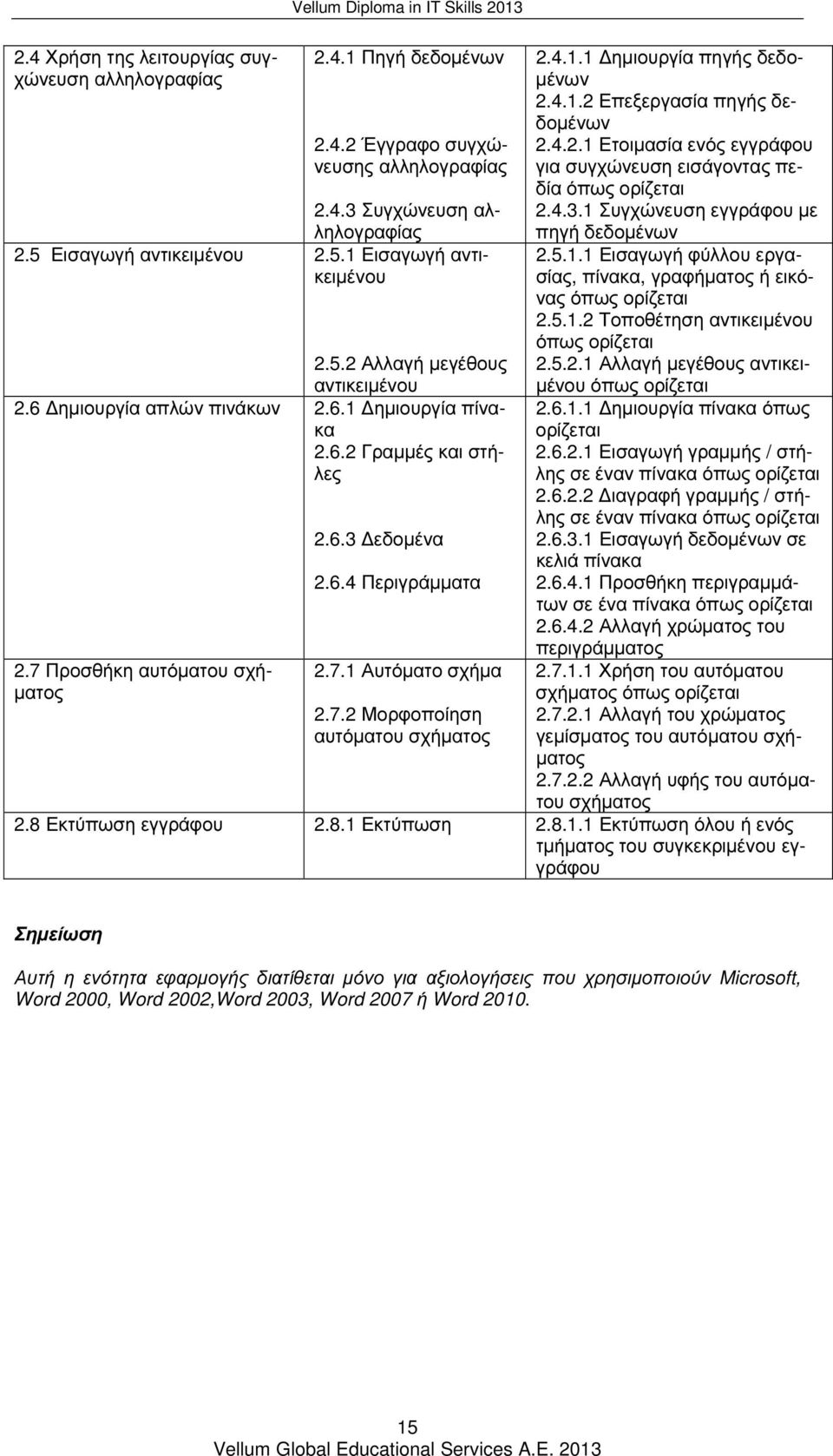 7.2 Μορφοποίηση αυτόµατου σχήµατος 2.4.1.1 ηµιουργία πηγής δεδο- µένων 2.4.1.2 Επεξεργασία πηγής δεδοµένων 2.4.2.1 Ετοιµασία ενός εγγράφου για συγχώνευση εισάγοντας πεδία όπως ορίζεται 2.4.3.