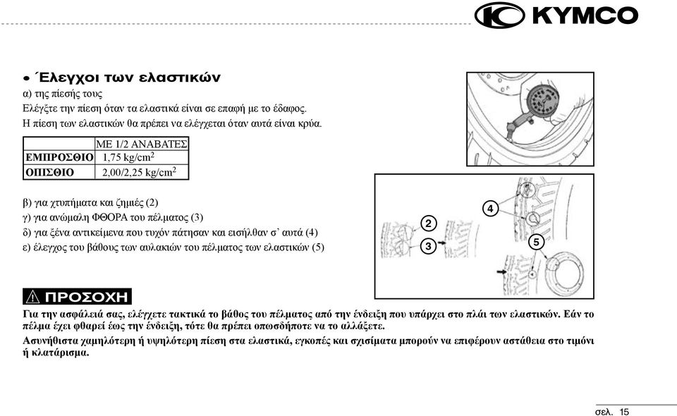 αυτά (4) ε) έλεγχος του βάθους των αυλακιών του πέλματος των ελαστικών (5) 2 3 4 5 Για την ασφάλειά σας, ελέγχετε τακτικά το βάθος του πέλματος από την ένδειξη που υπάρχει στο πλάι των ελαστικών.