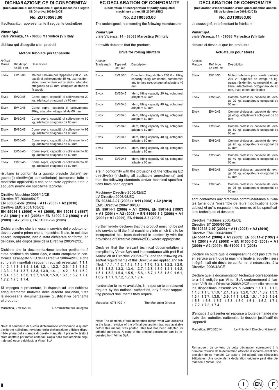 CONFORMITY (Declaration of incorporation of partly completed machinery annex IIB 006//EC) No. ZDT00563.