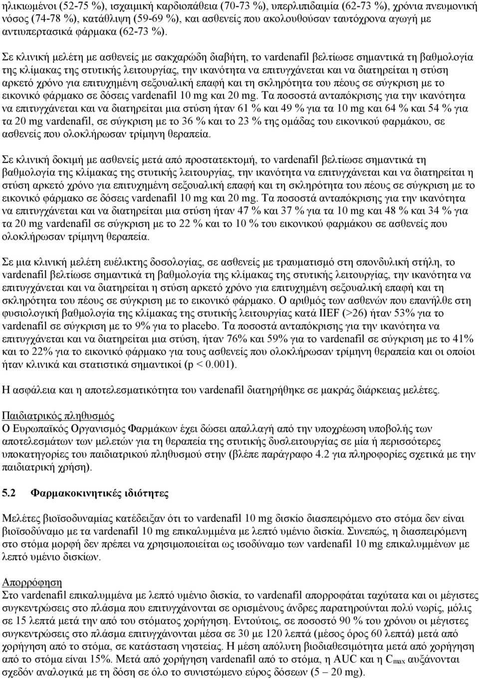Σε κλινική μελέτη με ασθενείς με σακχαρώδη διαβήτη, το vardenafil βελτίωσε σημαντικά τη βαθμολογία της κλίμακας της στυτικής λειτουργίας, την ικανότητα να επιτυγχάνεται και να διατηρείται η στύση