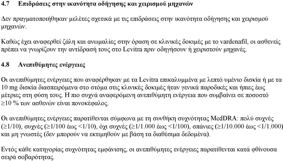 8 Ανεπιθύμητες ενέργειες Οι ανεπιθύμητες ενέργειες που αναφέρθηκαν με τα Levitra επικαλυμμένα με λεπτό υμένιο δισκία ή με τα 10 mg δισκία διασπειρόμενα στο στόμα στις κλινικές δοκιμές ήταν γενικά