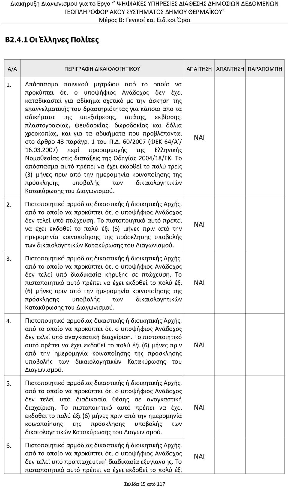 της υπεξαίρεσης, απάτης, εκβίασης, πλαστογραφίας, ψευδορκίας, δωροδοκίας και δόλια χρεοκοπίας, και για τα αδικήματα που προβλέπονται στο άρθρο 43 παράγρ. 1 του Π.Δ. 60/2007 (ΦΕΚ 64/Α / 16.03.