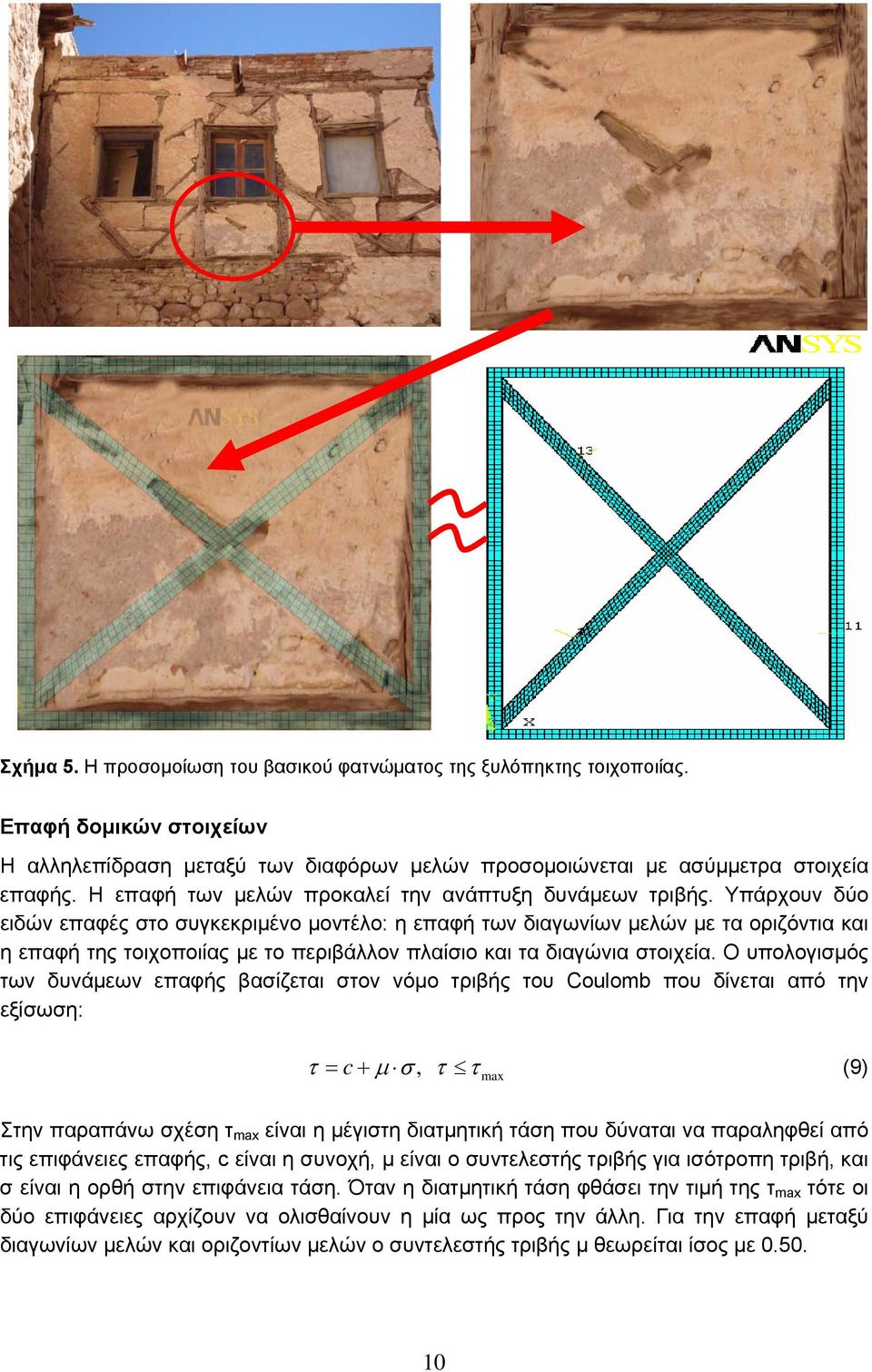 Υπάρχουν δύο ειδών επαφές στο συγκεκριμένο μοντέλο: η επαφή των διαγωνίων μελών με τα οριζόντια και η επαφή της τοιχοποιίας με το περιβάλλον πλαίσιο και τα διαγώνια στοιχεία.