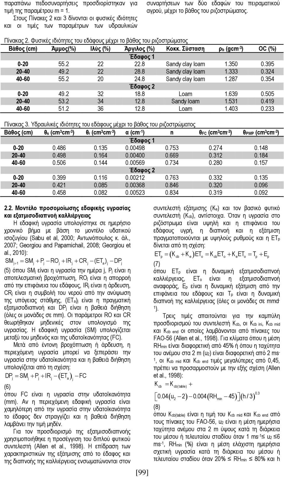 Φυσικές ιδιότητες του εδάφους μέχρι το βάθος του ριζοστρώματος Βάθος (cm) Άμμος(%) Ιλύς (%) Άργιλος (%) Κοκκ. Σύσταση ρb (gcm -3 ) OC (%) Έδαφος 1 0-20 55.2 22 22.8 Sandy clay loam 1.350 0.