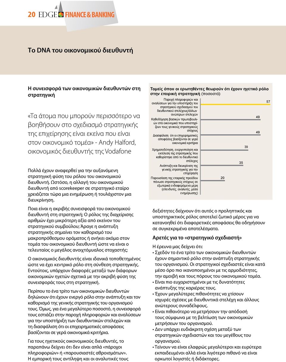 ρόλου του οικονομικού διευθυντή. Ωστόσο, η αλλαγή του οικονομικού διευθυντή από scorekeeper σε στρατηγικό εταίρο χρειάζεται τώρα μια ενημέρωση ή τουλάχιστον μια διευκρίνηση.