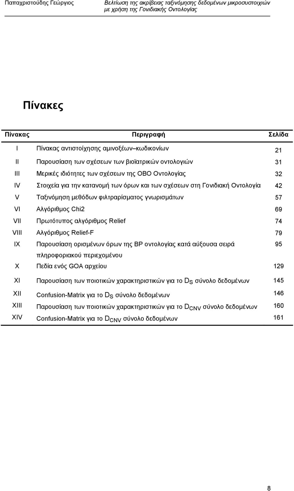 Αλγόριθµος Relief-F 79 IX Παρουσίαση ορισµένων όρων της ΒΡ οντολογίας κατά αύξουσα σειρά 95 πληροφοριακού περιεχοµένου X Πεδία ενός GOA αρχείου 129 XI Παρουσίαση των ποιοτικών χαρακτηριστικών για το
