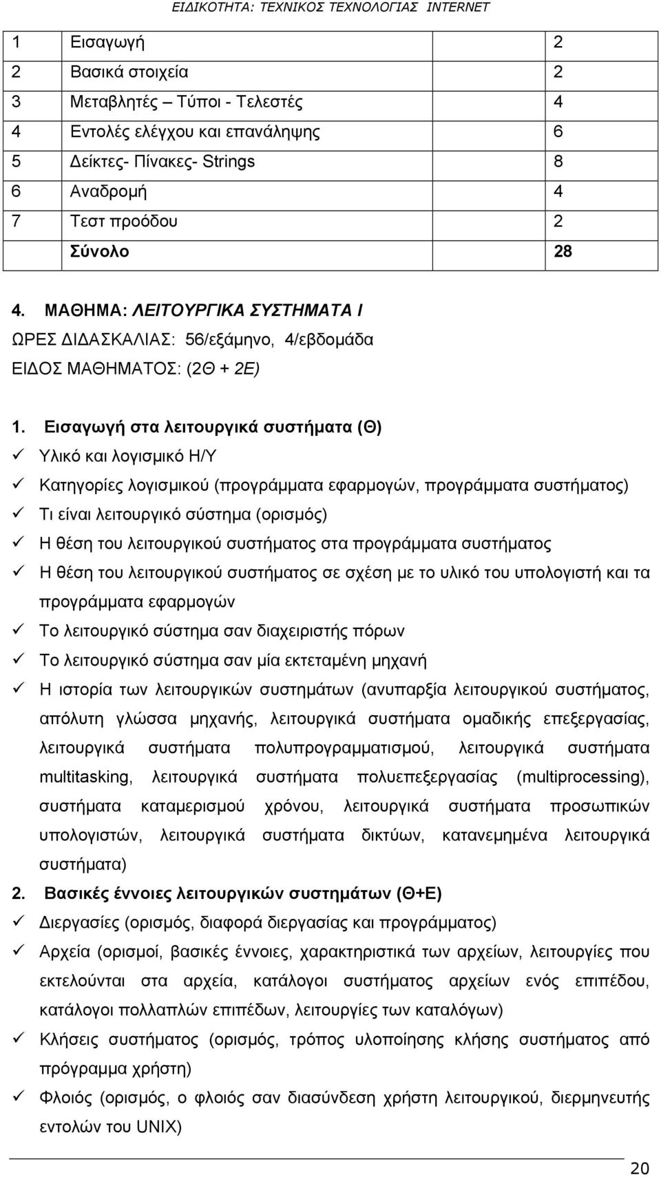 Εισαγωγή στα λειτουργικά συστήματα (Θ) Υλικό και λογισμικό Η/Υ Κατηγορίες λογισμικού (προγράμματα εφαρμογών, προγράμματα συστήματος) Τι είναι λειτουργικό σύστημα (ορισμός) Η θέση του λειτουργικού