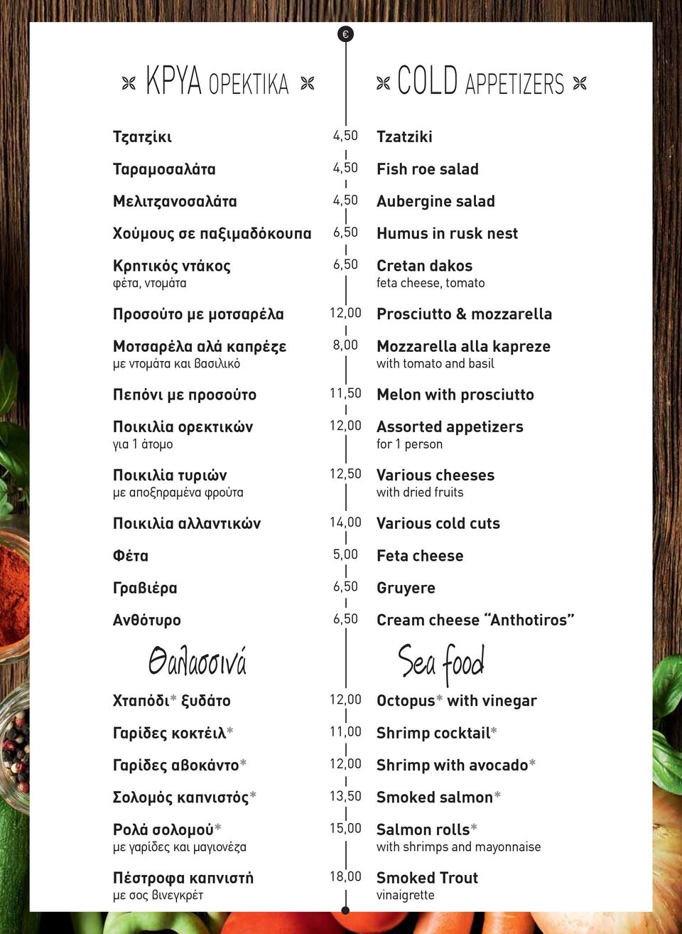 καπνιστός* Ρολά σολομού* με γαρίδες και μαγιονέζα Πέστροφα καπνιστή με σος βινεγκρέτ 12,00 11,50 12,00 12,50 14,00 5,00 12,00 11,00 12,00 13,50 15,00 1 Tzatziki Fish roe salad Aubergine salad Humus