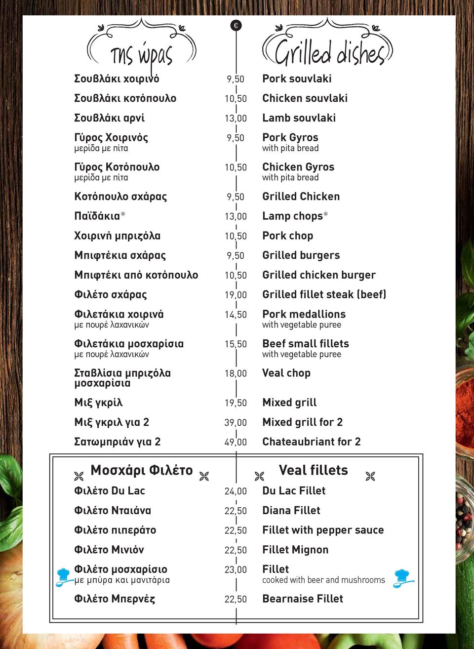 9,50 1 10,50 9,50 10,50 19,00 1 15,50 1 19,50 39,00 49,00 Grilled dishes Pork souvlaki Chicken souvlaki Lamb souvlaki Pork Gyros with pita bread Chicken Gyros with pita bread Grilled Chicken Lamp