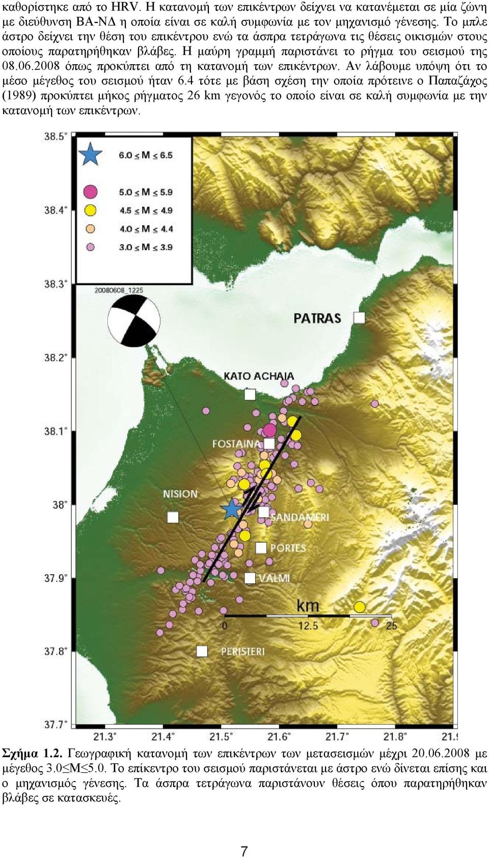 2008 όπως προκύπτει από τη κατανοµή των επικέντρων. Αν λάβουµε υπόψη ότι το µέσο µέγεθος του σεισµού ήταν 6.