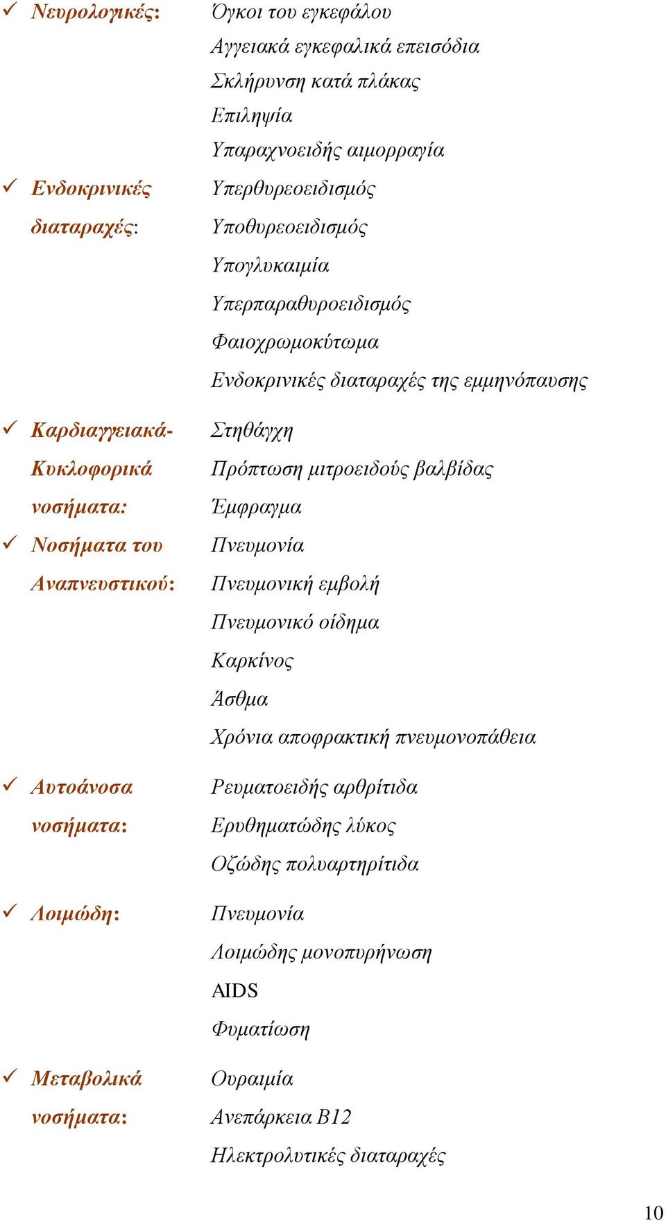 Φαιοχρωμοκύτωμα Ενδοκρινικές διαταραχές της εμμηνόπαυσης Στηθάγχη Πρόπτωση μιτροειδούς βαλβίδας Έμφραγμα Πνευμονία Πνευμονική εμβολή Πνευμονικό οίδημα Καρκίνος Άσθμα Χρόνια