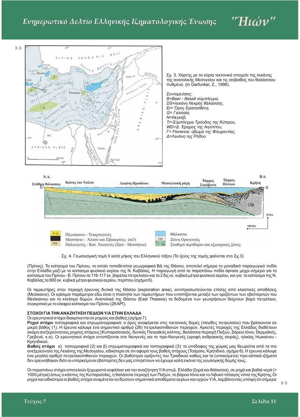 Έρημος της Αιγύπτου, Γ= Florence: ύβωμα της Φλωρεντίας, Δ=Λεκάνη της Ρόδου Σχ. 4. Γεωσεισμική τομή ΙΙ κατά μήκος του Ελληνικού τόξου (Το ίχνος της τομής φαίνεται στο Σχ.3) (Πρίνος).