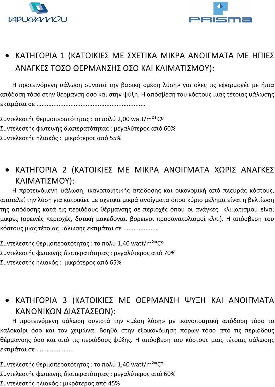 .. Συντελεστής θερμοπερατότητας : το πολύ 2,00 watt/m²*cº Συντελεστής φωτεινής διαπερατότητας : μεγαλύτερος από 60% Συντελεστής ηλιακός : μικρότερος από 55% ΚΑΤΗΓΟΡΙΑ 2 (ΚΑΤΟΙΚΙΕΣ ΜΕ ΜΙΚΡΑ ΑΝΟΙΓΜΑΤΑ