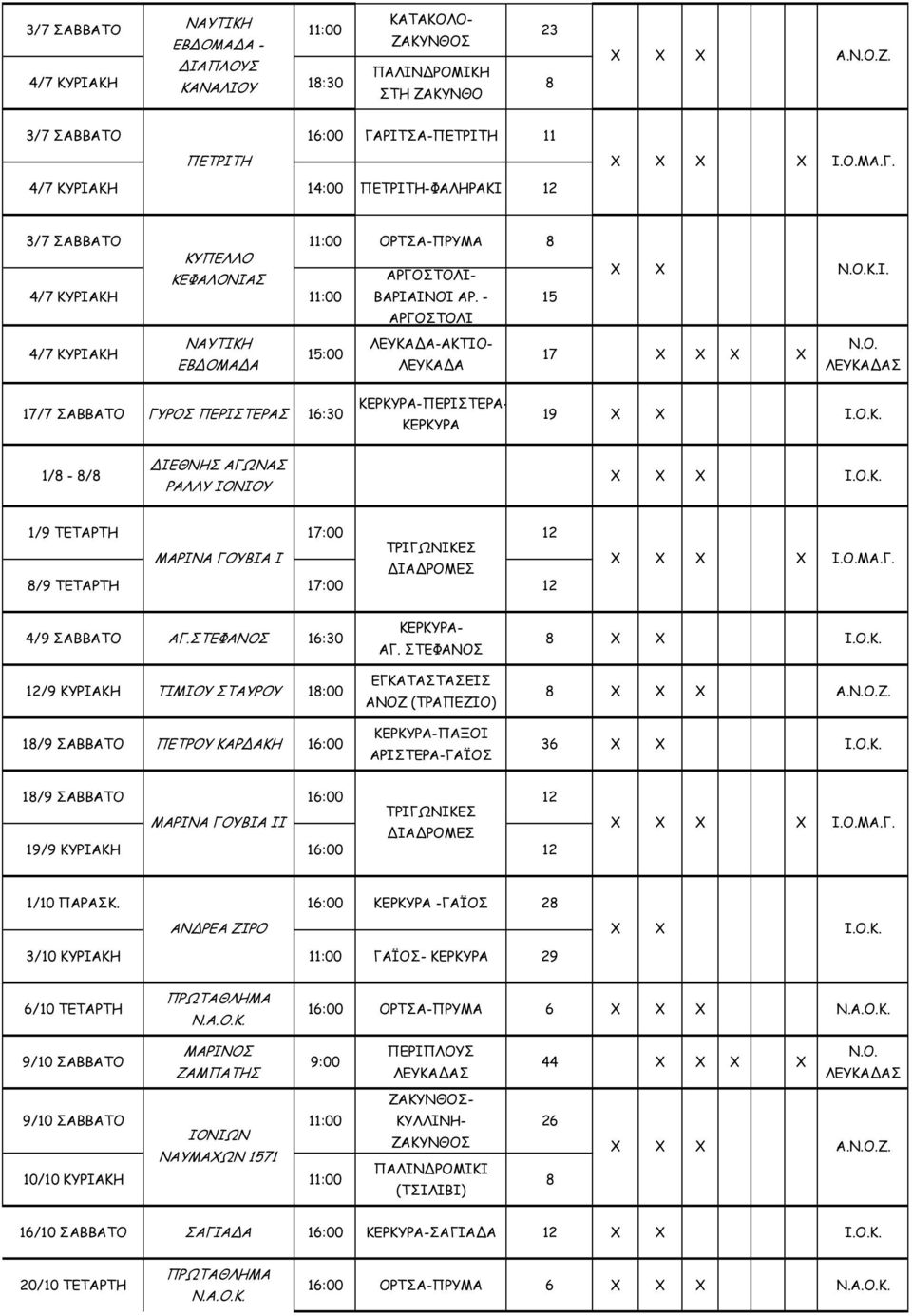 - 15 ΑΡΓΟΣΤΟΛΙ 4/7 ΚΥΡΙΑΚΗ ΝΑΥΤΙΚΗ ΛΕΥΚΑ Α-ΑΚΤΙΟ- 15:00 ΕΒ ΟΜΑ Α ΛΕΥΚΑ Α 17 Κ.Ι. ΛΕΥΚΑ ΑΣ 17/7 ΣΑΒΒΑΤΟ ΓΥΡΟΣ ΠΕΡΙΣΤΕΡΑΣ 16:30 ΚΕΡΚΥΡΑ-ΠΕΡΙΣΤΕΡΑ- ΚΕΡΚΥΡΑ 19 Ι.Ο.Κ. 1/8-8/8 ΙΕΘΝΗΣ ΑΓΩΝΑΣ ΡΑΛΛΥ ΙΟΝΙΟΥ Ι.