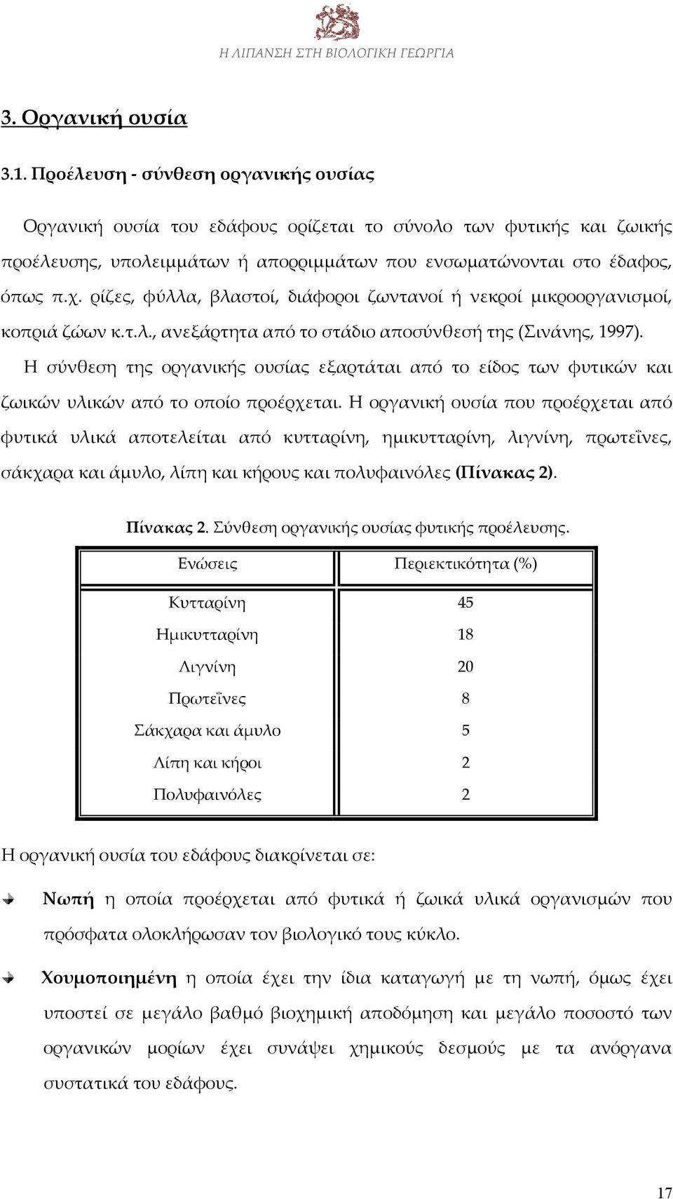 ρίζες, φύλλα, βλαστοί, διάφοροι ζωντανοί ή νεκροί μικροοργανισμοί, κοπριά ζώων κ.τ.λ., ανεξάρτητα από το στάδιο αποσύνθεσή της (Σινάνης, 1997).