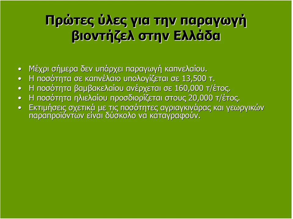 Η ποσότητα βαμβακελαίου ανέρχεται σε 160,000 τ/έτος.