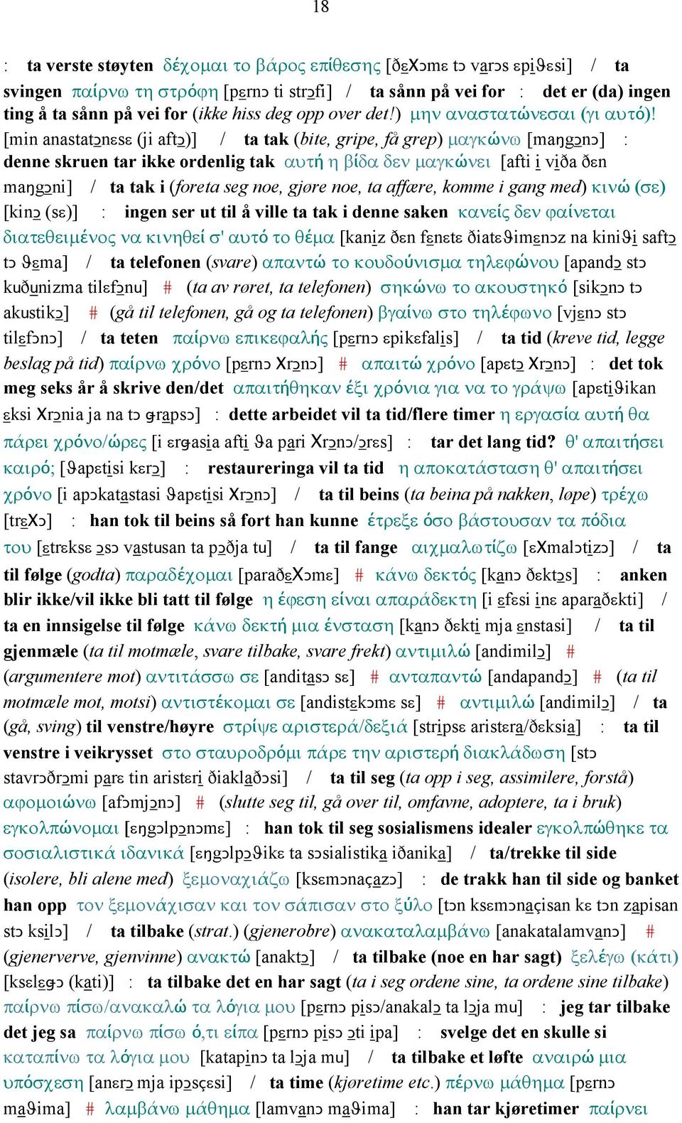 [min anastatǥnεsε (ji aftǥ)] / ta tak (bite, gripe, få grep) µαγκώνω [maŋgǥnǥ] : denne skruen tar ikke ordenlig tak αυτή η βίδα δεν µαγκώνει [afti i viða ðεn maŋgǥni] / ta tak i (foreta seg noe,