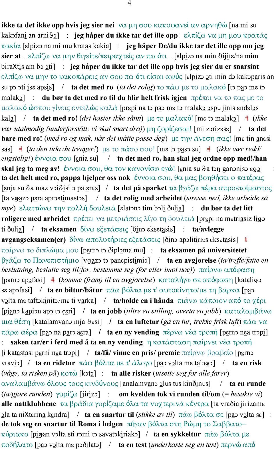 bǥ Ǥti] : jeg håper du ikke tar det ille opp hvis jeg sier du er snarsint ελπίζω να µην το κακοπάρεις αν σου πω ότι είσαι αψύς [εlpizǥ Ǥti min dǥ kakǥparis an su pǥ Ǥti isε apsis] / ta det med ro (ta