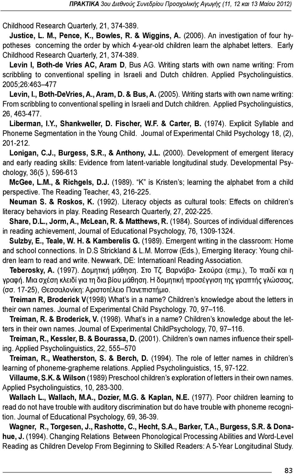 Levin I, Both-de Vries AC, Aram D, Bus AG. Writing starts with own name writing: From scribbling to conventional spelling in Israeli and Dutch children. Applied Psycholinguistics.