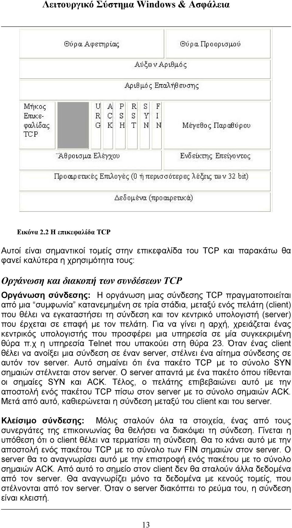 σύνδεσης TCP πραγµατοποιείται από µια συµφωνία κατανεµηµένη σε τρία στάδια, µεταξύ ενός πελάτη (client) που θέλει να εγκαταστήσει τη σύνδεση και τον κεντρικό υπολογιστή (server) που έρχεται σε επαφή