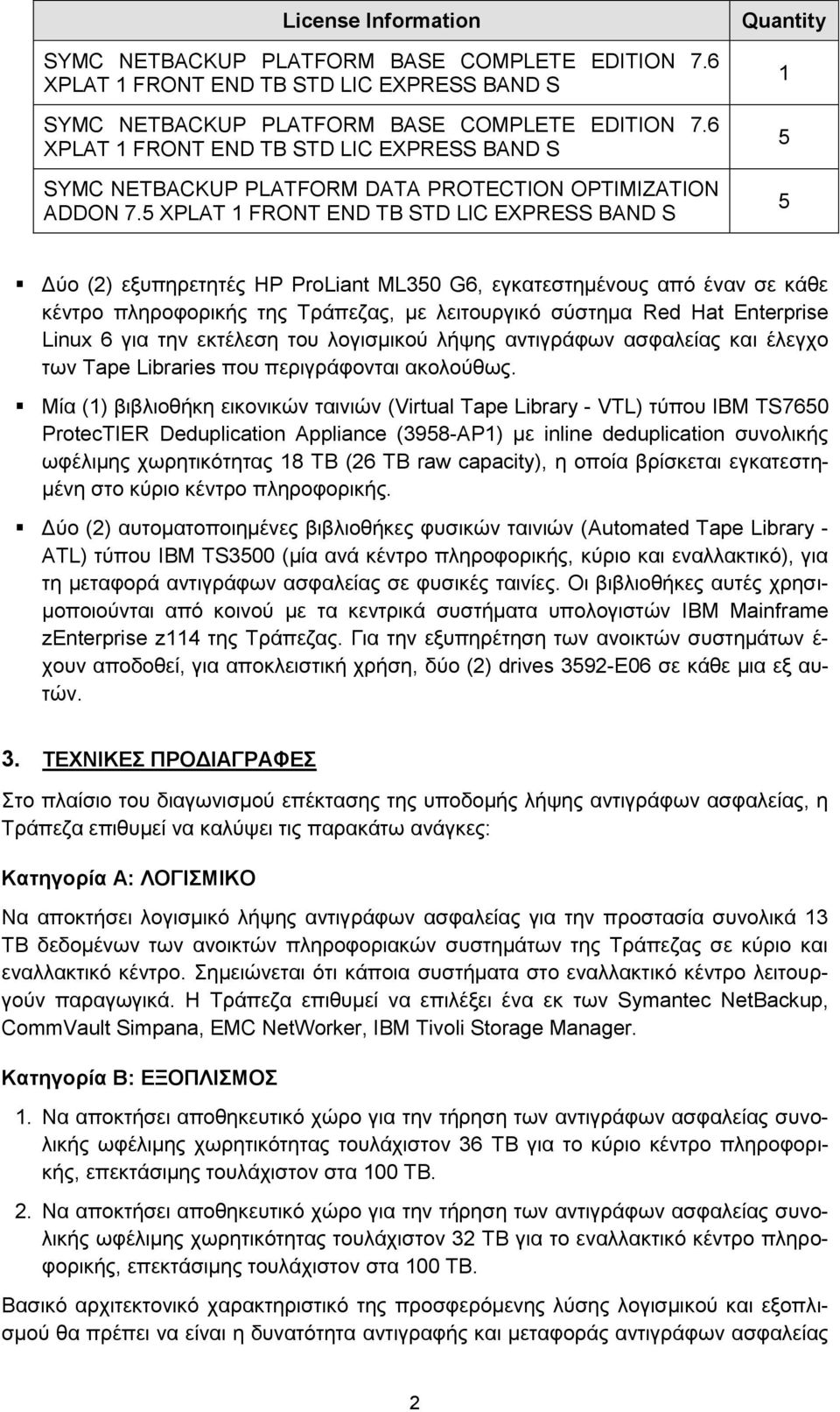 5 XPLAT 1 FRONT END TB STD LIC EXPRESS BAND S Quantity 1 5 5 Δύο (2) εξυπηρετητές HP ProLiant ML350 G6, εγκατεστημένους από έναν σε κάθε κέντρο πληροφορικής της Τράπεζας, με λειτουργικό σύστημα Red