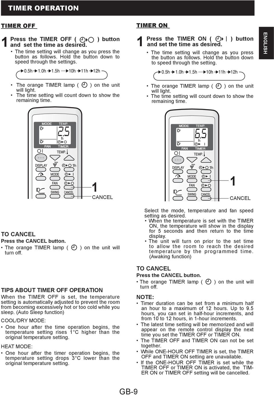 Hold the button down to speed through the setting. 0.5h.0h.5h 0h h h 0.5h.0h.5h 0h h h ENGLISH The orange TIMER lamp ( ) on the unit will light.