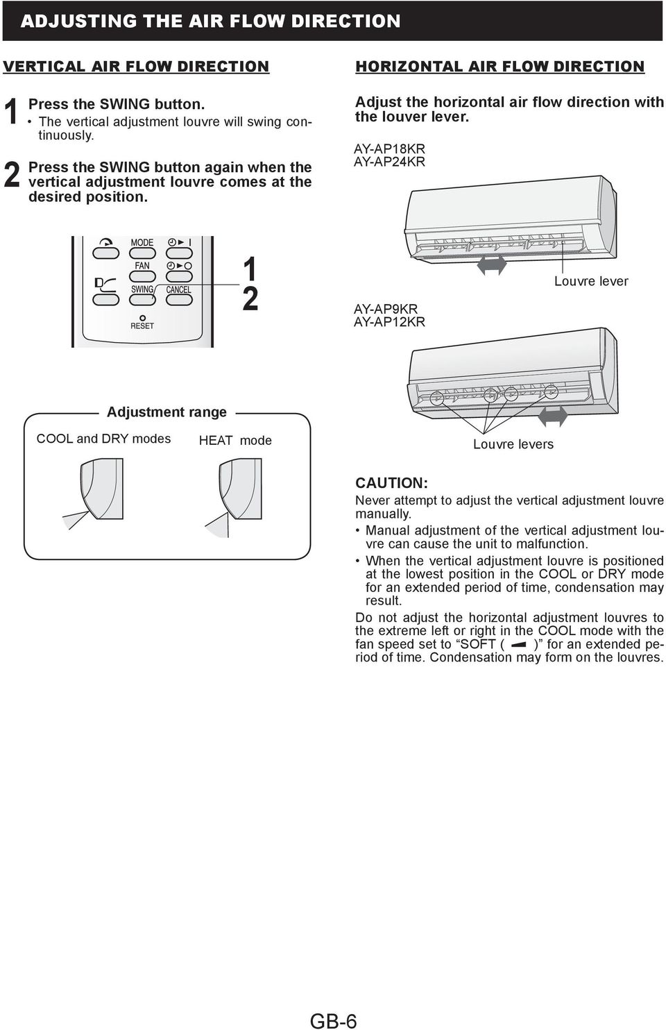 AY-AP8KR AY-APKR AY-AP9KR AY-APKR Louvre lever Adjustment range COOL and DRY modes HEAT mode Louvre levers CAUTION: Never attempt to adjust the vertical adjustment louvre manually.