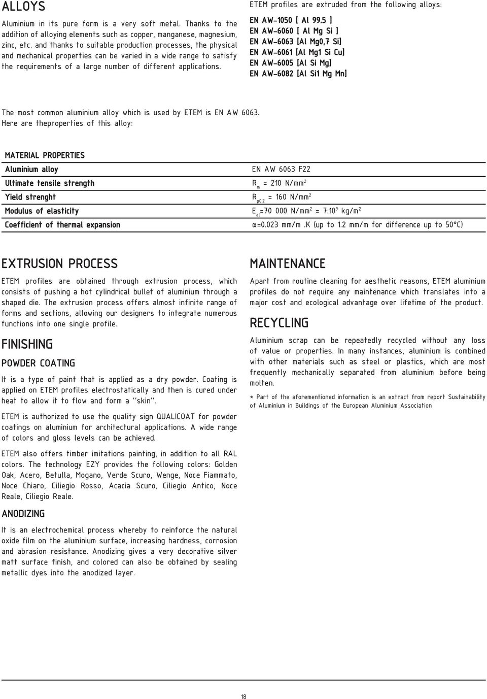 ETEM profiles are extruded from the following alloys: EN AW-1050 [ Al 99.