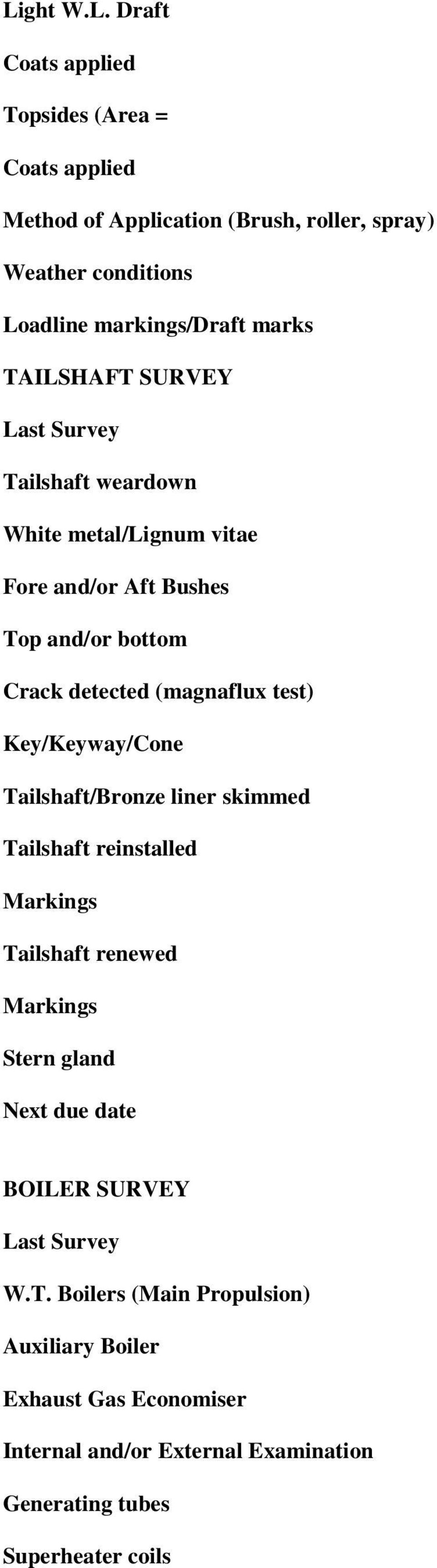 detected (magnaflux test) Key/Keyway/Cone Tailshaft/Bronze liner skimmed Tailshaft reinstalled Markings Tailshaft renewed Markings Stern gland