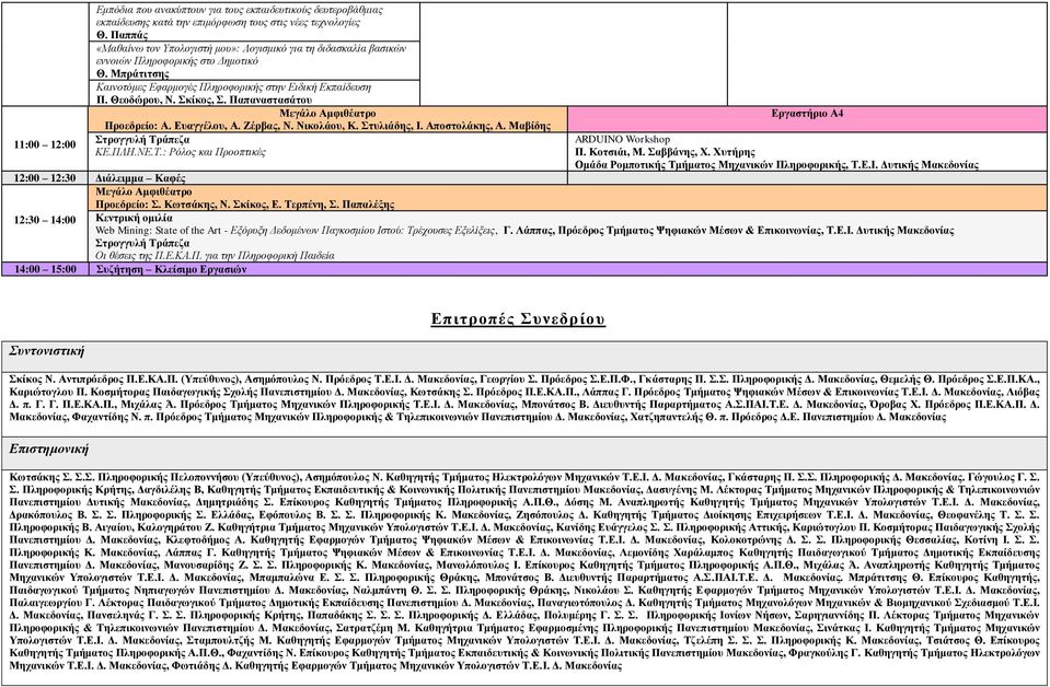 Σκίκος, Σ. Παπαναστασάτου Προεδρείο: Α. Ευαγγέλου, Α. Ζέρβας, Ν. Νικολάου, Κ. Στυλιάδης, Ι. Αποστολάκης, Α. Μαβίδης Στρογγυλή Τράπεζα ΚΕ.ΠΛΗ.ΝΕ.Τ.: Ρόλος και Προοπτικές ARDUINO Workshop Π. Κοτσιάι, Μ.