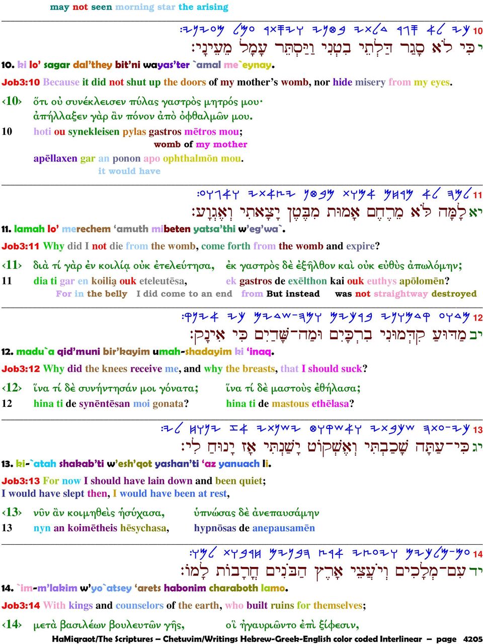 10 hoti ou synekleisen pylas gastros m tros mou; womb of my mother ap llaxen gar an ponon apo ophthalm n mou. it would have :REB@E IZ@VI OHAN ZEN@ MGXN @L DNL 11 : ¹œ Š A¹ œe š ¾K Ĺ 11.