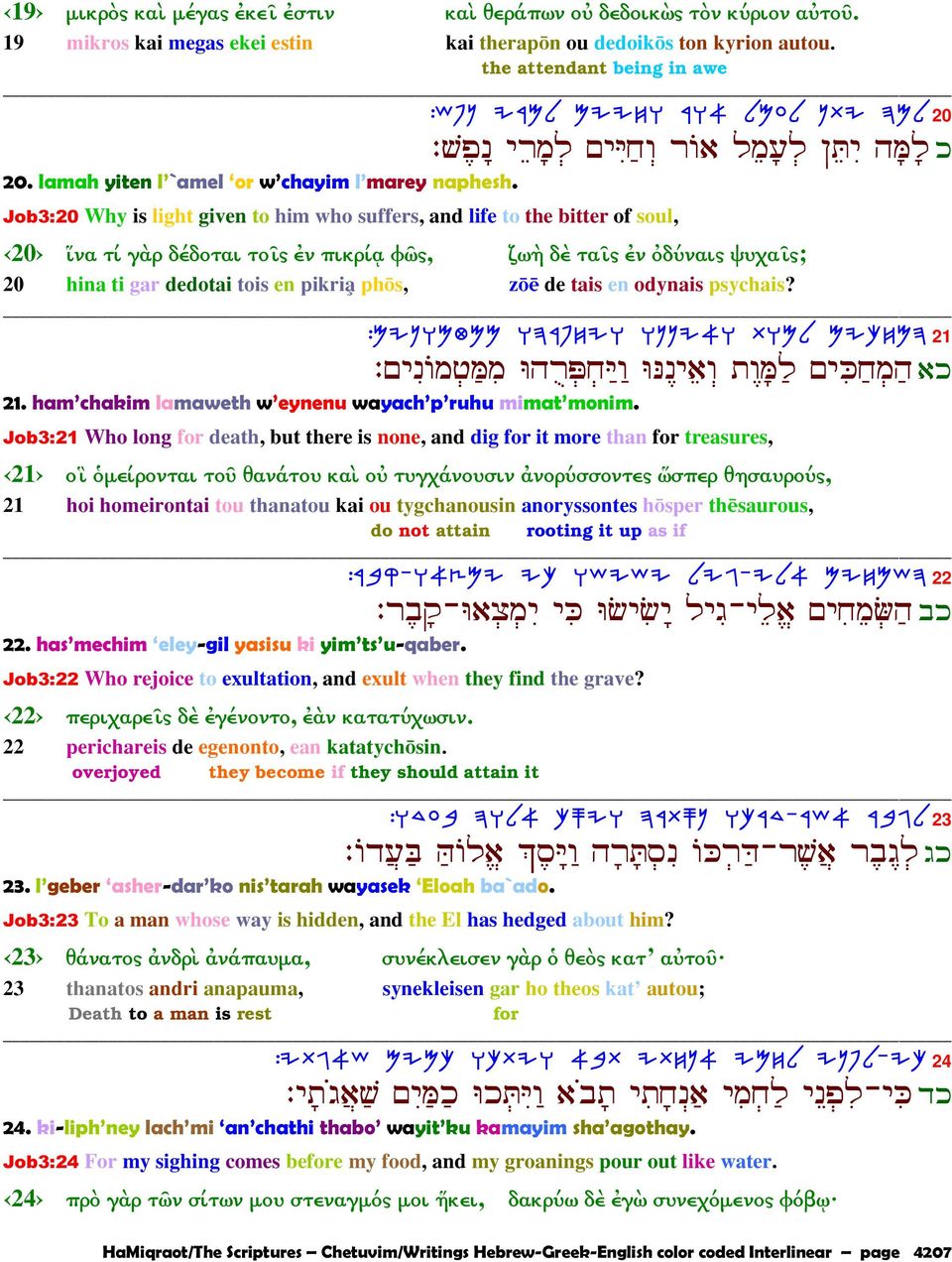 Job3:20 Why is light given to him who suffers, and life to the bitter of soul, 20 ἵνα τί γὰρ δέδοται τοῖς ἐν πικρίᾳ φῶς, ζωὴ δὲ ταῖς ἐν ὀδύναις ψυχαῖς; 20 hina ti gar dedotai tois en pikria ph s, z