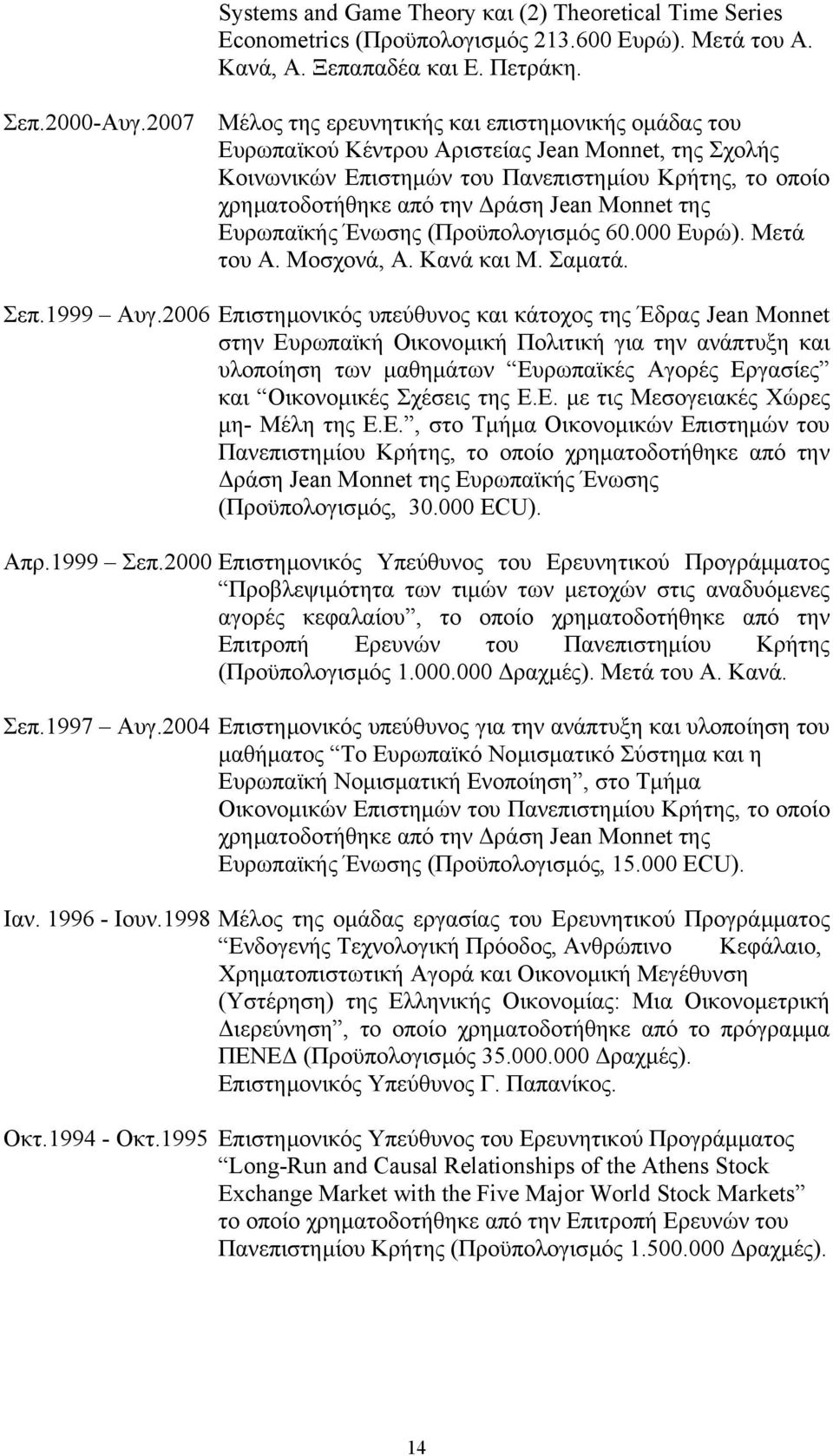 Monnet της Ευρωπαϊκής Ένωσης (Προϋπολογισµός 60.000 Ευρώ). Μετά του Α. Μοσχονά, Α. Κανά και Μ. Σαµατά. Σεπ.1999 Αυγ.