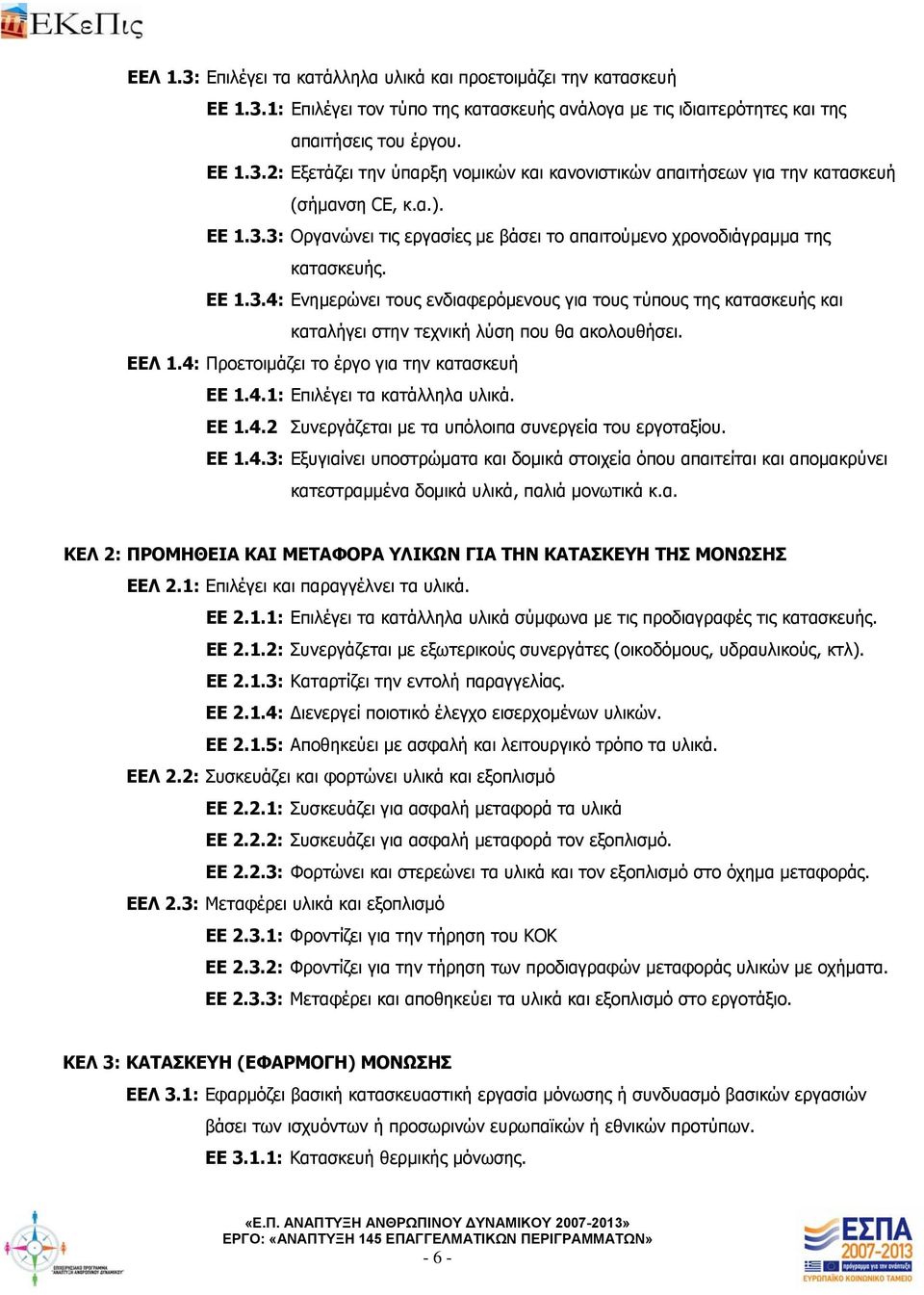 ΕΕΛ 1.4: Προετοιμάζει το έργο για την κατασκευή ΕΕ 1.4.1: Επιλέγει τα κατάλληλα υλικά. ΕΕ 1.4.2 Συνεργάζεται με τα υπόλοιπα συνεργεία του εργοταξίου. ΕΕ 1.4.3: Εξυγιαίνει υποστρώματα και δομικά στοιχεία όπου απαιτείται και απομακρύνει κατεστραμμένα δομικά υλικά, παλιά μονωτικά κ.