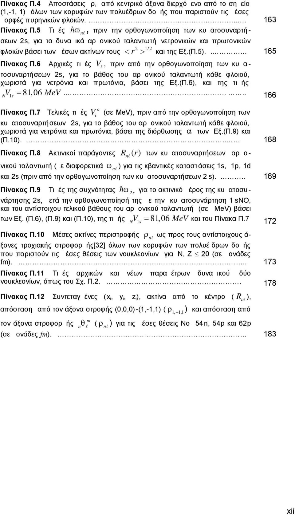 (Π.6), και της τιμής NV1 s 81, 06 MeV... 166 o Πίνακας.Π.7c Τελικές τιμές V i (σε MeV), πριν από την ορθογωνοποίηση των κυματοσυναρτήσεων s, για το βάθος του αρμονικού ταλαντωτή κάθε φλοιού, χωριστά για νετρόνια και πρωτόνια, βάσει της διόρθωσης των Εξ.