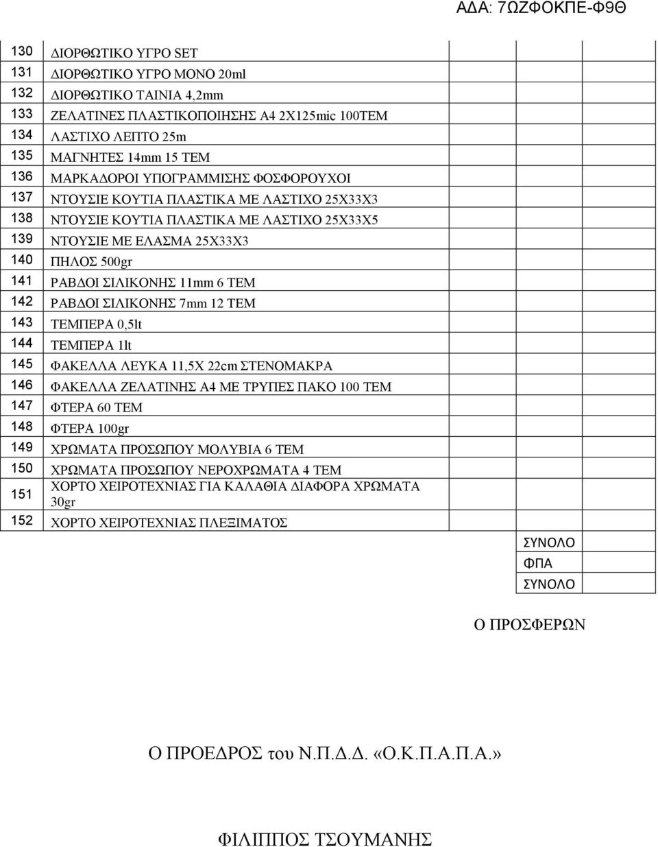 142 ΡΑΒΔΟΙ ΣΙΛΙΚΟΝΗΣ 7mm 12 TEM 143 TEMΠΕΡΑ 0,5lt 144 TEMΠΕΡΑ 1lt 145 ΦΑΚΕΛΛΑ ΛΕΥΚΑ 11,5Χ 22cm ΣΤΕΝΟΜΑΚΡΑ 146 ΦΑΚΕΛΛΑ ΖΕΛΑΤΙΝΗΣ Α4 ΜΕ ΤΡΥΠΕΣ ΠΑΚΟ 100 ΤΕΜ 147 ΦΤΕΡΑ 60 ΤΕΜ 148 ΦΤΕΡΑ 100gr 149 ΧΡΩΜΑΤΑ